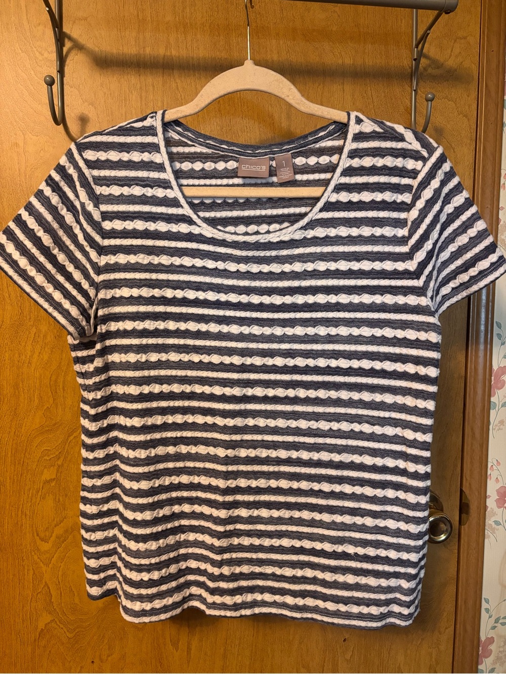 Chico's Navy & White Textured Stripe Short Sleeve Top
